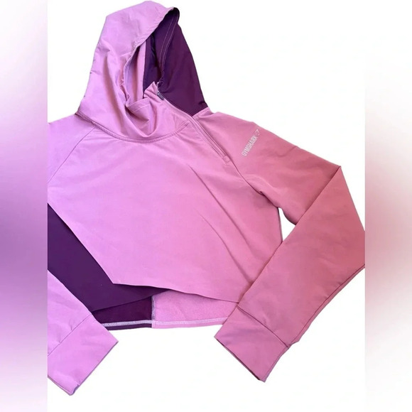 Gymshark Asymmetrical Performance Hoodie Dusty Pink Dark Ruby Colorblock Crop M - Picture 6 of 13